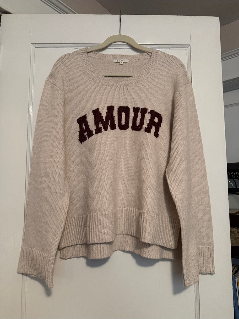 Z Supply AMOUR ♥️ 🍁 Cream Knit Sweater with Burgundy Lettering